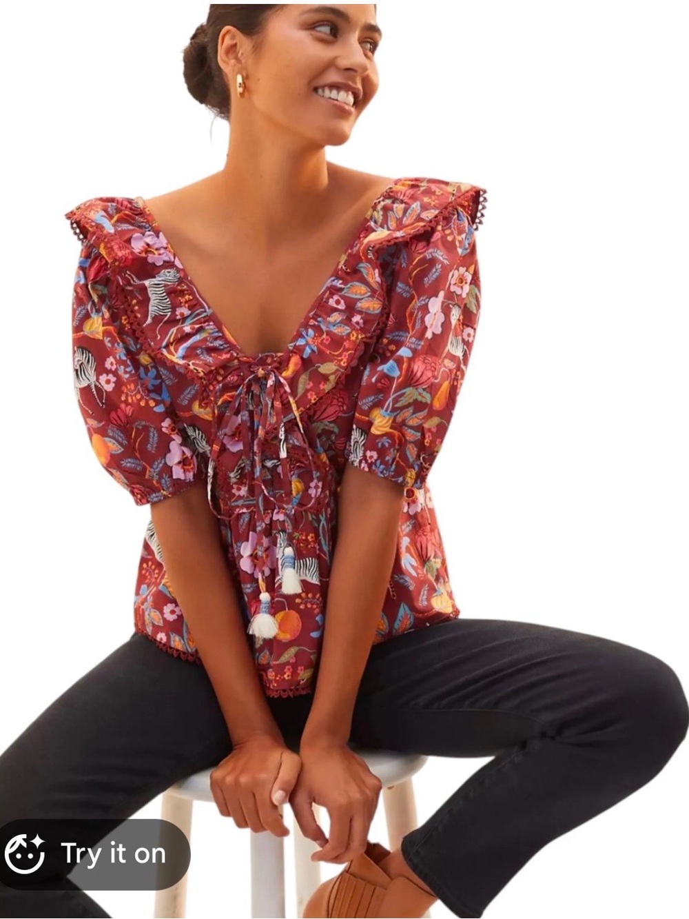 Maeve Red Floral Ruffle Tie-Front Blouse